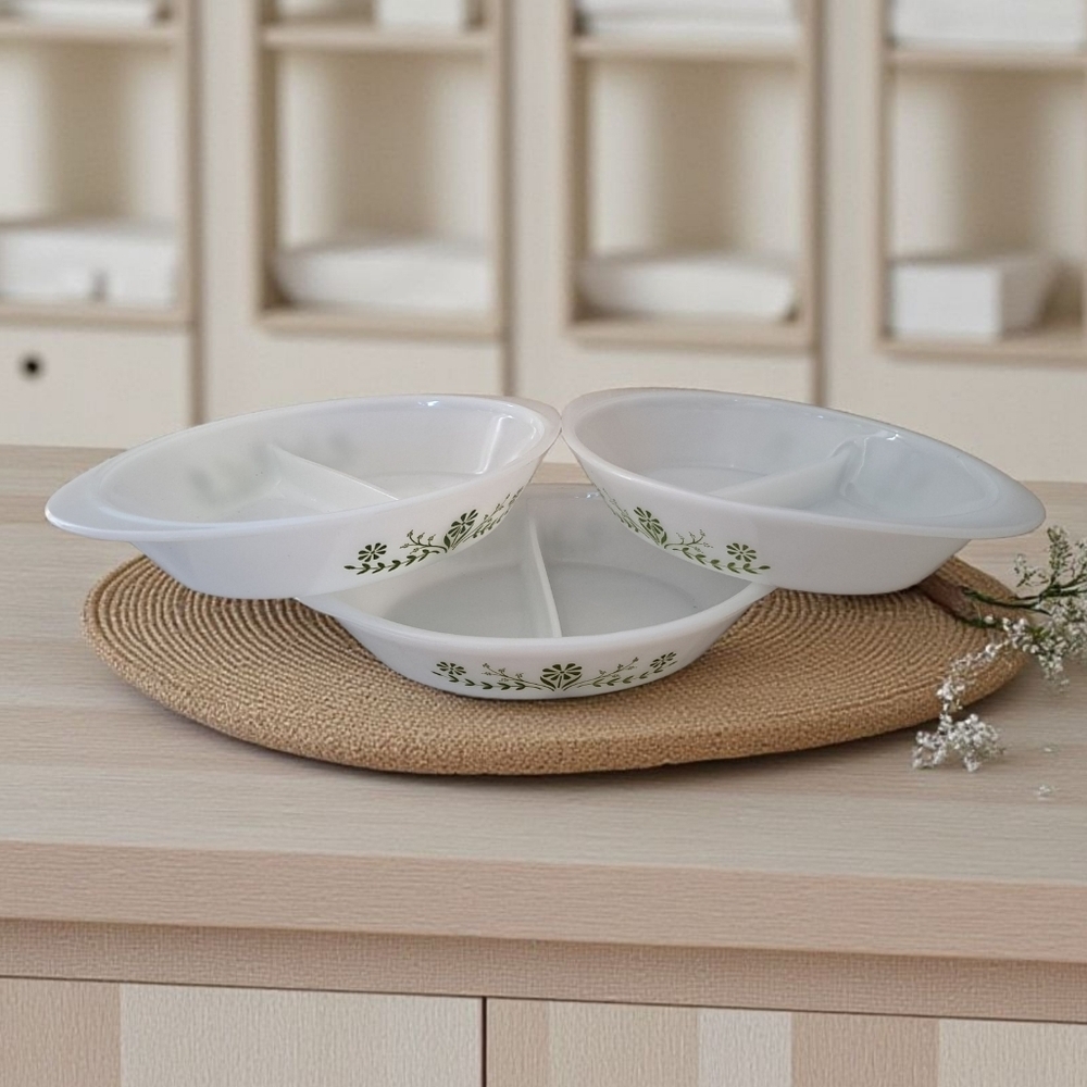 White Ceramic 3-Section Serving Dish with Green Leaf Motif